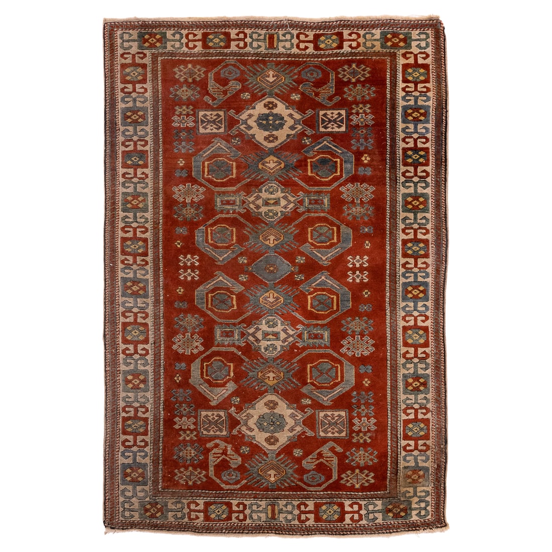 Turkish Caucasian/ Kazak Area Rug: Late 20th c Turkish Caucasian Kazak, sculpted lines, good condition, 4'1" x 6'