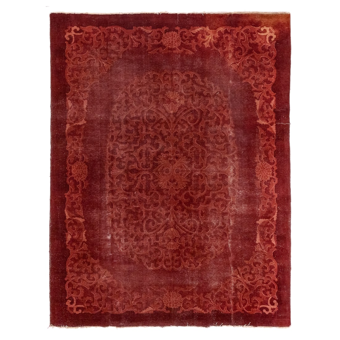 Chinese Solid Color Main Carpet: Late 20th c Chinese solid color patterned main carpet, soiled, fair condition, 8' 10" x 11' 9"