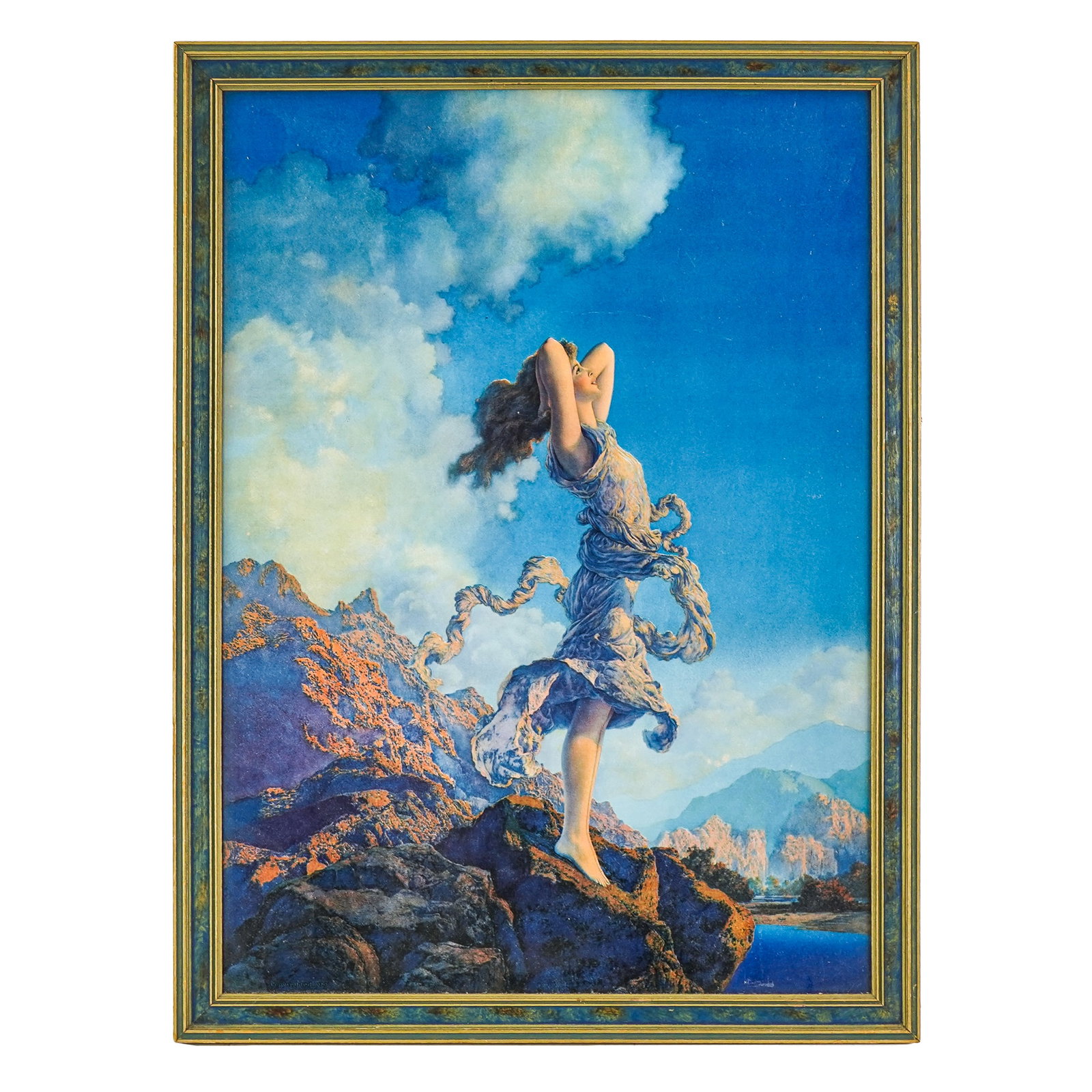 Maxfield Parrish (AM 1870-1966) Ecstasy: Maxfield Parrish (American 1870-1966) Ecstasy chromolithograph on paper- Bright colors, appears to have original frame. 20 x 14" 22 x 16" as framed. Parrish was an American painter and illustrator