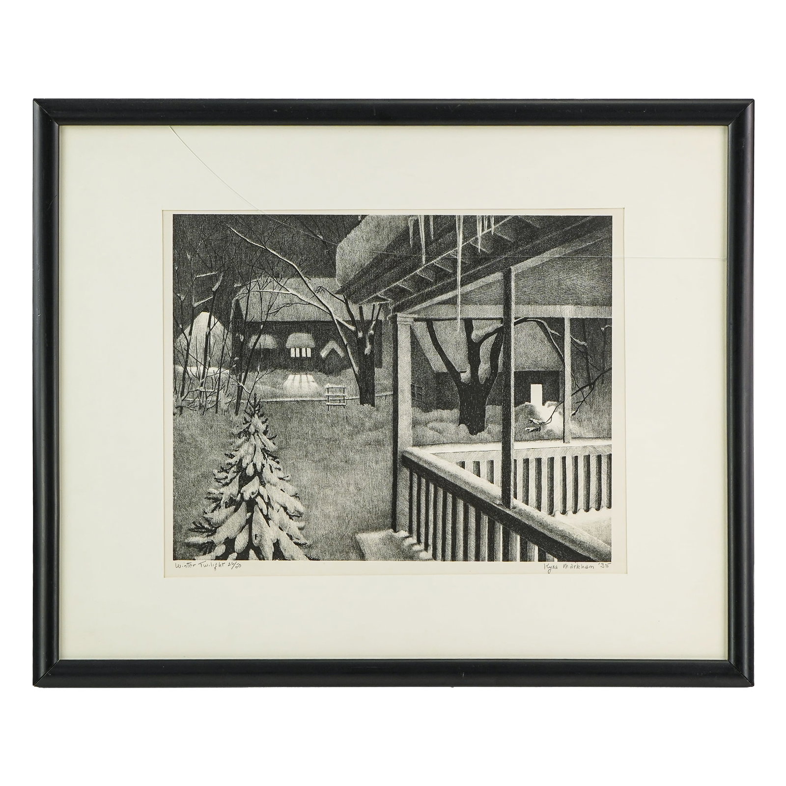 Kyra Markham (AM 1891-1967) Winter Twilight: Kyra Markham (American 1891-1967) Winter Twilight lithograph on paper signed identified and editioned lower margin 26/50 10 x 13" 17 x 21" as framed. Markham was an actress, painter, and