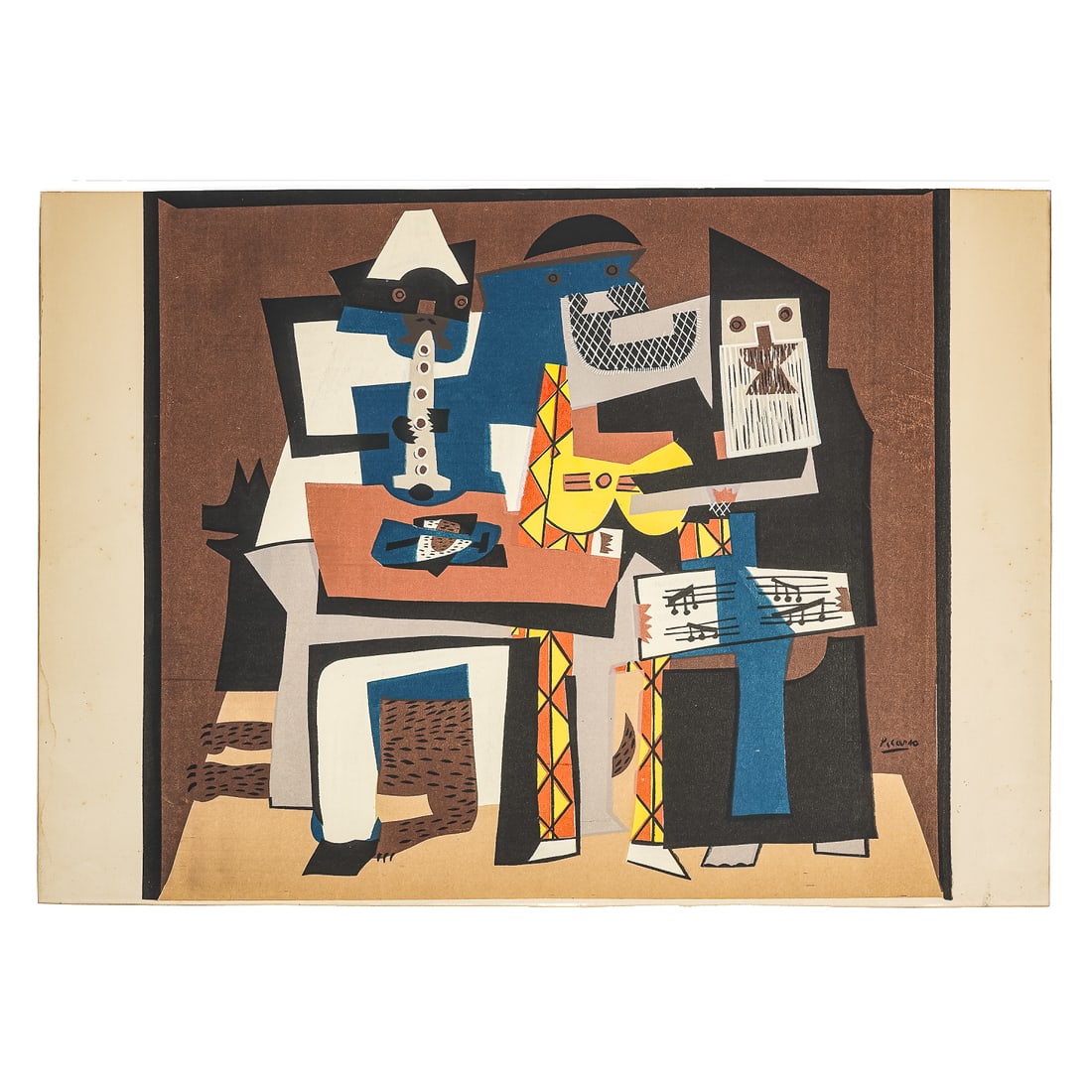 Pablo Picasso (FR/SP 1881-1973) Three Musicians: Pablo Picasso (Spanish 1881-1973) Three Musicians serigraph or porchoir on paper facsimile signed in plate, margins trimmed appears to be 2nd quarter of 20th c printing. Plate 17x 19" Sheet, 17X 24"