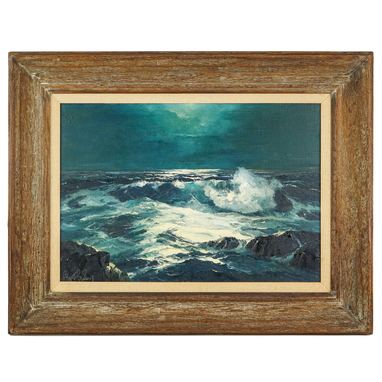 Bennett Bradbury (AM 1914-1991) Moon In Taurus: Bennett Bradbury (American 1914-1991) Moon in Taurus - oil on canvas signed lower left 18 x 26" 28 x 36" as framed. identified reverse- Bradbury was an American genre painter. Focusing almost