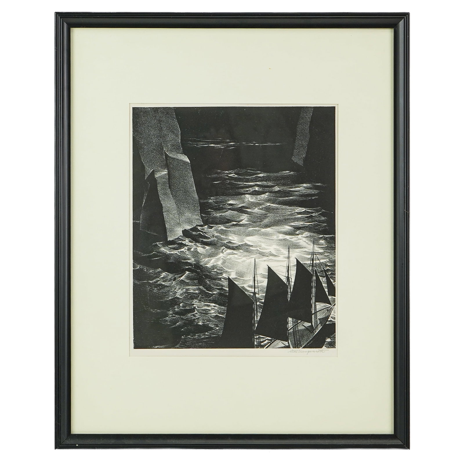 Stow Wengenroth (AM 1906-1976) Third Sea: Stow Wengenroth (American 1906-1976) Third Sea lithograph on paper signed lower margin 12 x 10" 21 x 17" as framed Wengenroth was once called "America's greatest living artist working in black and