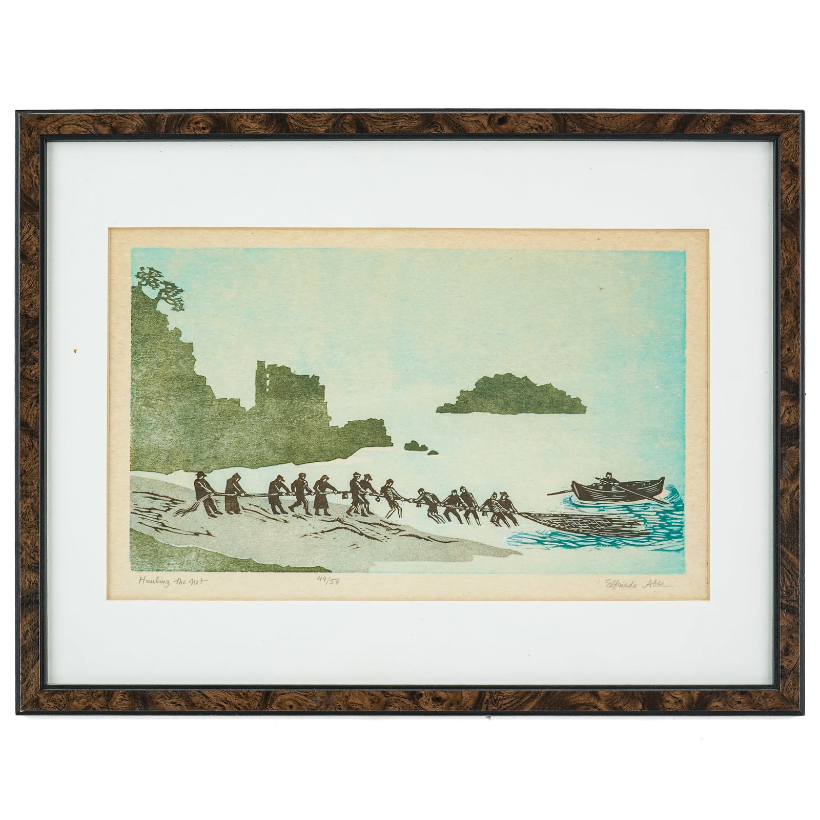 Elfriede Abbe (AM 1919-2012) Hauling the Net: Elfriede Abbe (American 1919-2012) Hauling the Net woodblock on paper signed lower margin 44/58 7 x 12" 13 x 17" as framed. Elfriede was a distinguished international sculptor, graphic artist and