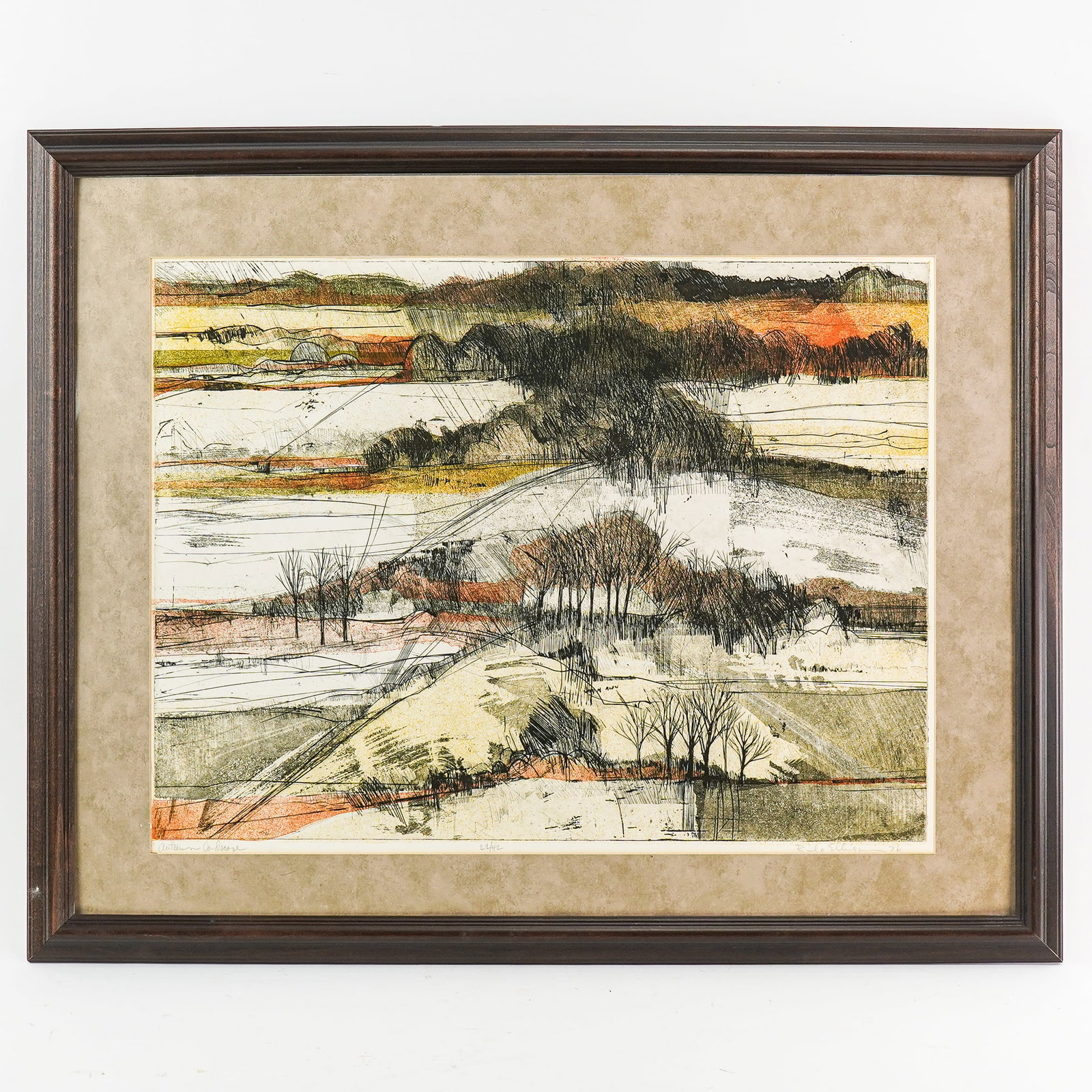 William Ellingson (AM 1933-1994) Autumn Landscape: William Ellingson (American 1933-1994) Autumn Landscape etching on paper signed lower margin editioned 22/42 18 x 24" 26 x 32" as framed.