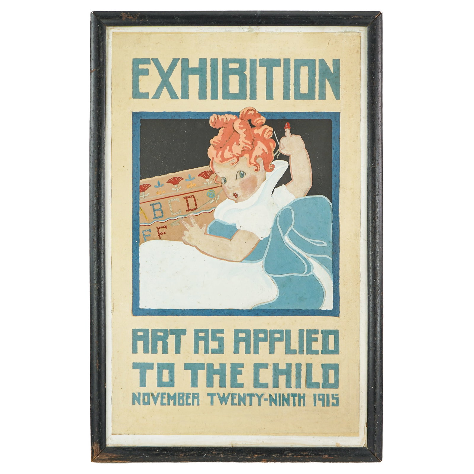 1915 Art Exhibition Poster: Watercolor and Gouache- "EXHIBITION -Art as Applied to the Child November Twenty-Ninth 1915" 24 x 15" 27.5 x 17.5" as framed.