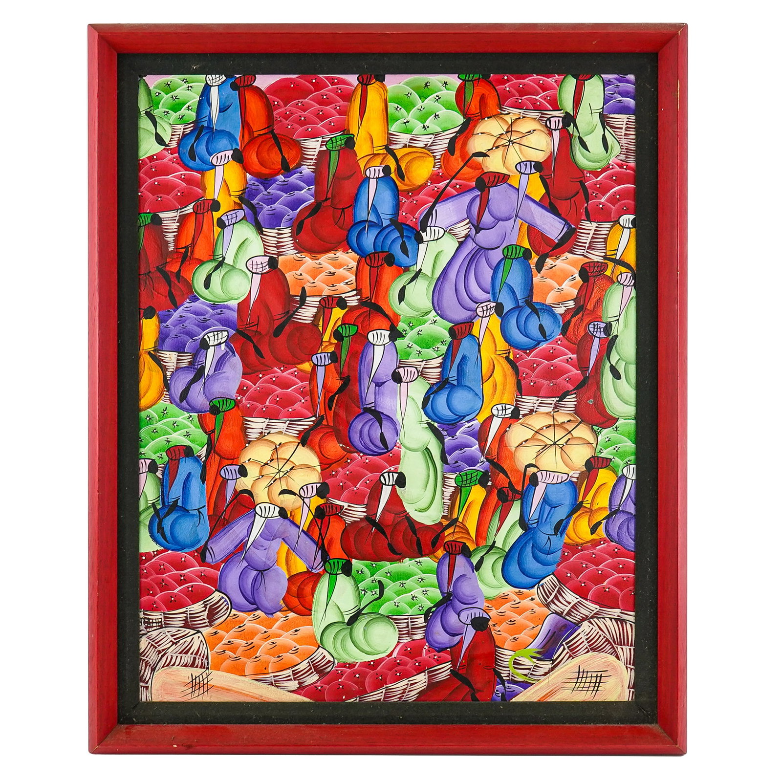 Three Hatian School Folk Paintings: Three Haitian School Folk Paintings- one signed Gerrard, one signed S Rossius from - 17 x 21" to 34 x 37" as framed.