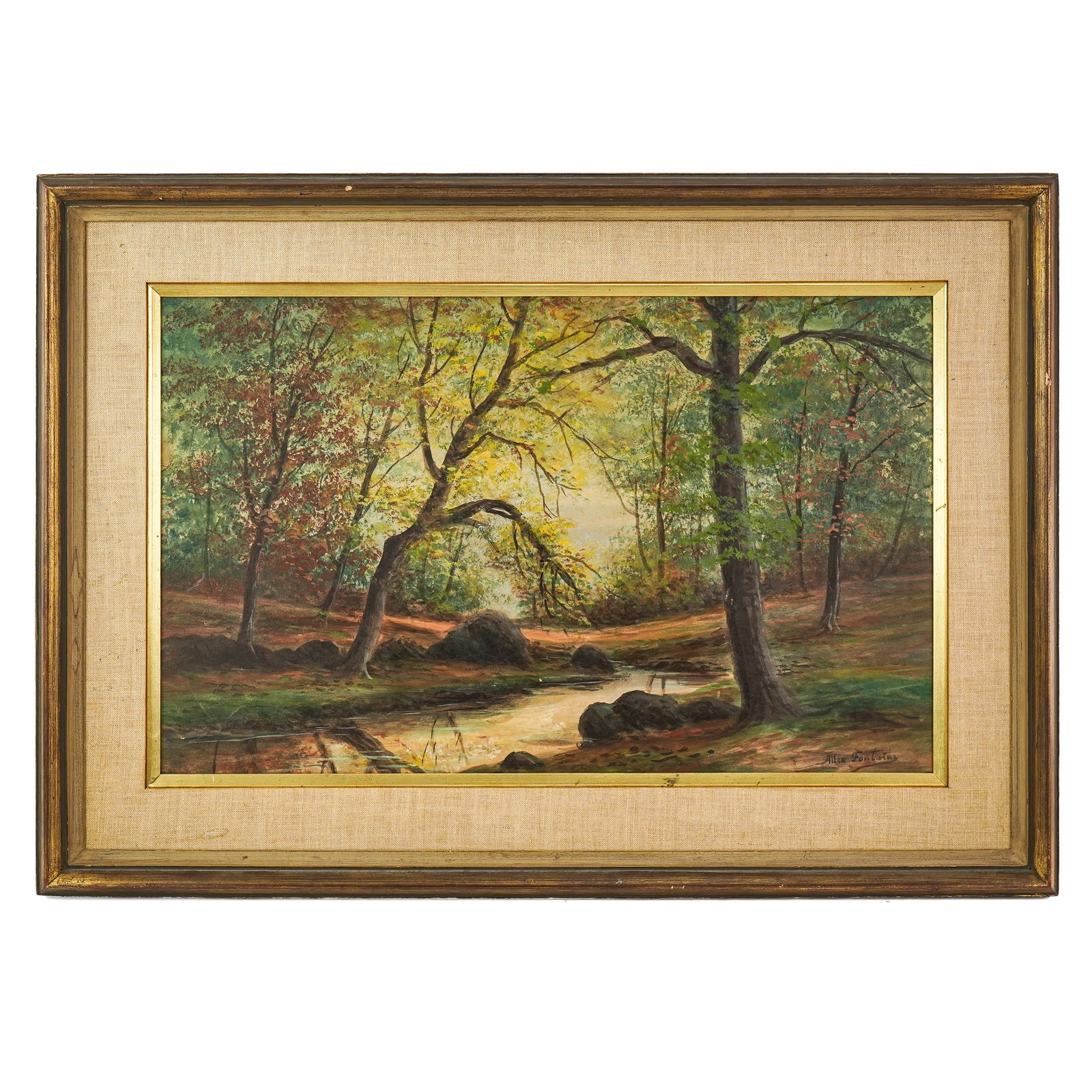 Allan Fontaine (AM 1861-1962) Forest Landscape: Allan Fontaine (American 1861-1962) Forest Landscape oil on board signed lower right- 18 x 28" 26 x 37" as framed. Fontaine was a New England Landscape artist who showed talent in a variety of media