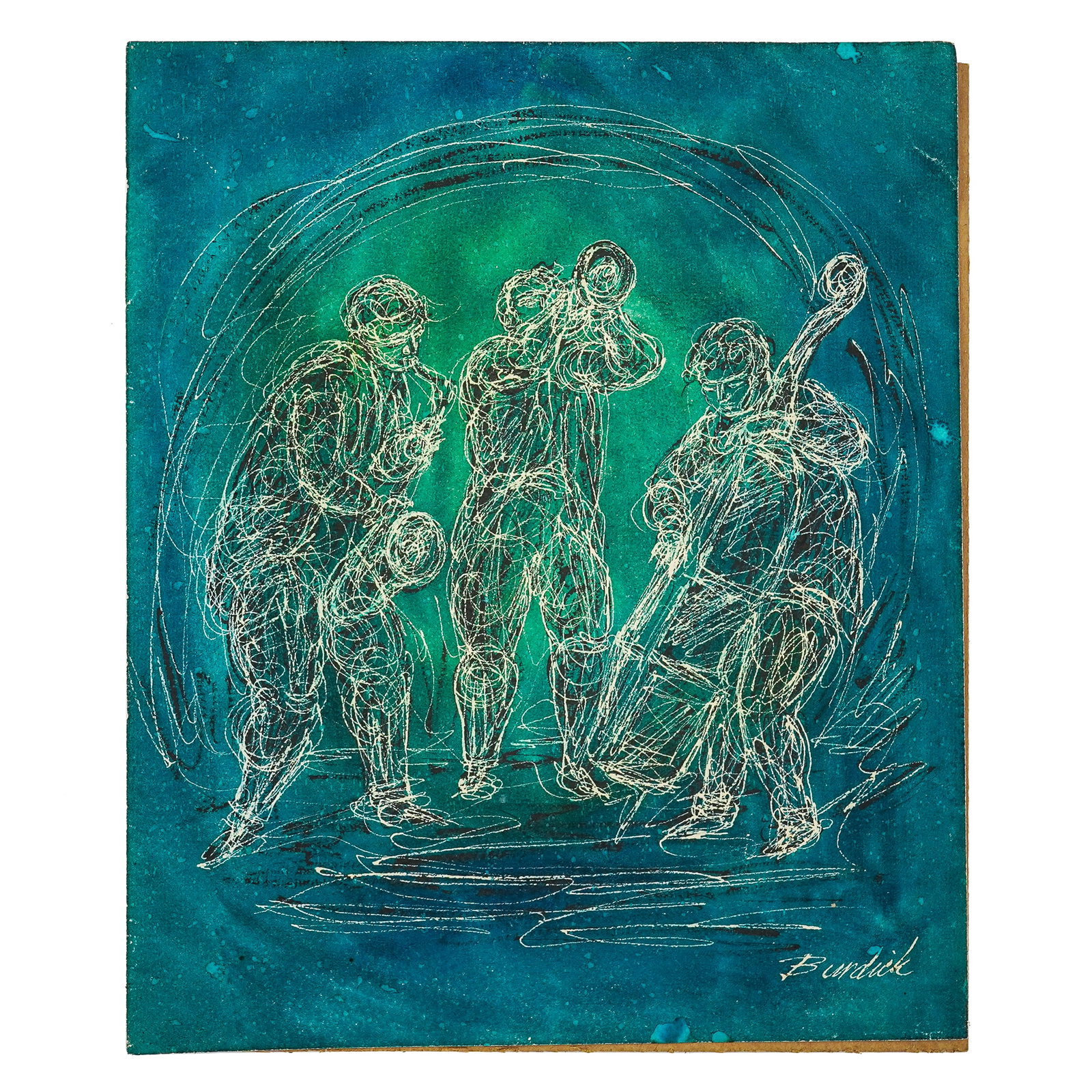 Charles Burdick (AM 1924-2016) Three Jazz Cats: Charles Burdick (American 1924-2016) Three Jazz Cats watercolor and pen on paper signed lower right- 10 x 9"