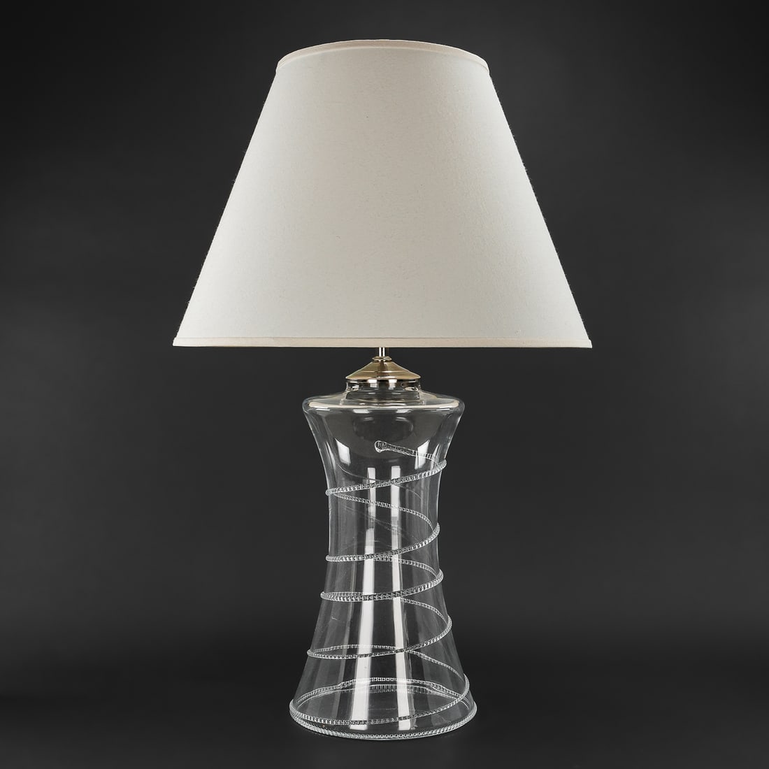 Juliska Amalia Blown Glass Table Lamp: Contemporary signed Juliska "Amalia Collection" artisan blown glass table lamp having applied crimped swirl decoration 15" x 7"