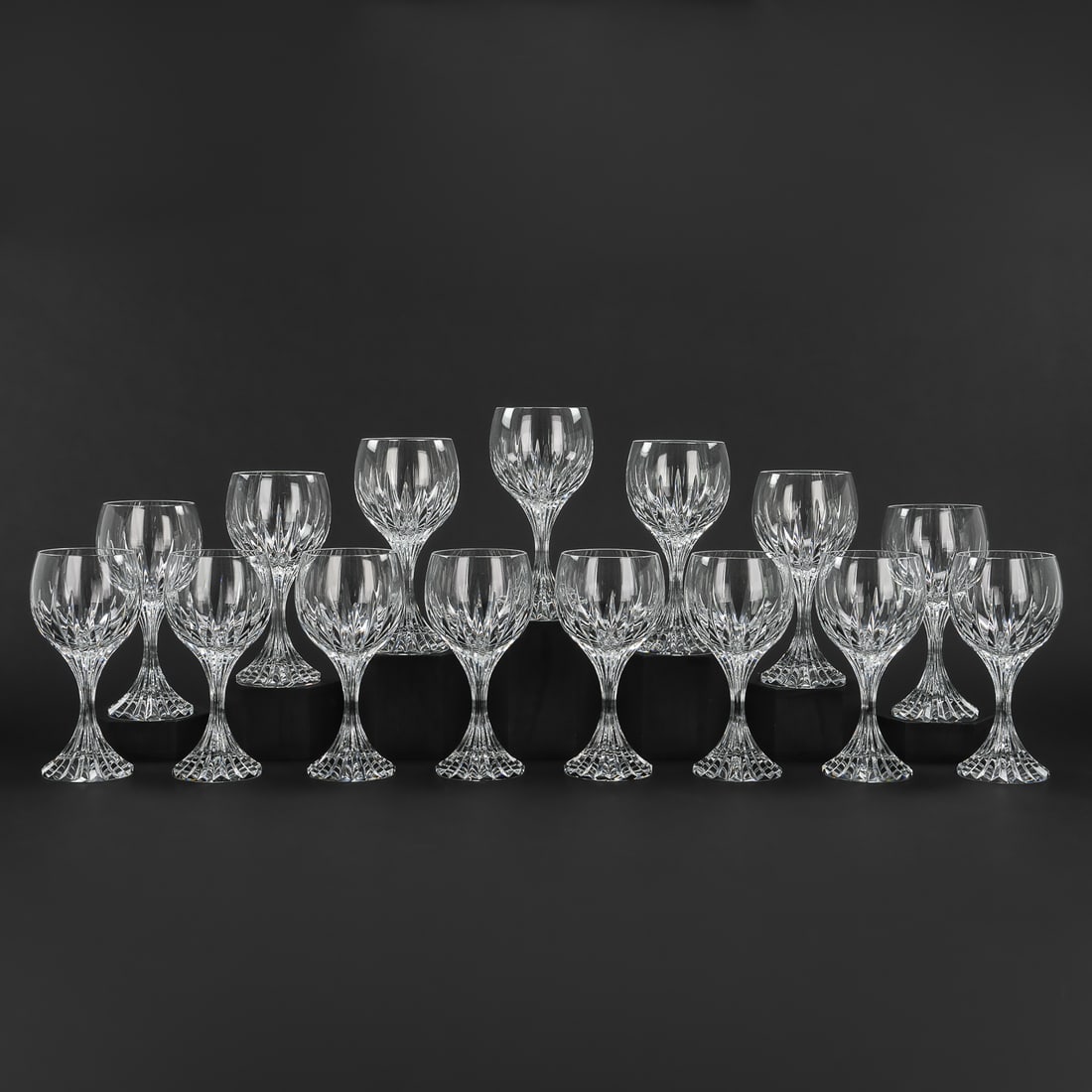 15 Baccarat Massena Wine Goblets: Set of 15 Baccarat "Massena" pattern signed French crystal red wine or water goblets with solid ridged bases, overall excellent condition. 6.5"