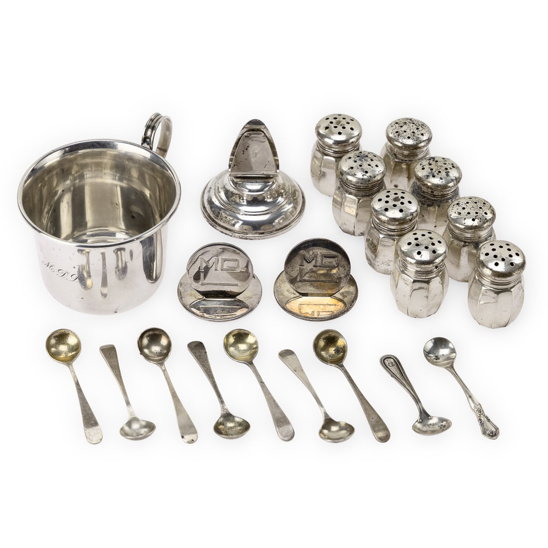 Asprey Place Card Holders, Sterling Tableware: Pair of Asprey London sterling silver place card holders with "MDL" monograms and a single weighted sterling pace card holder, accompanied by a Fisher sterling baby mug, 8 Empire sterling individual