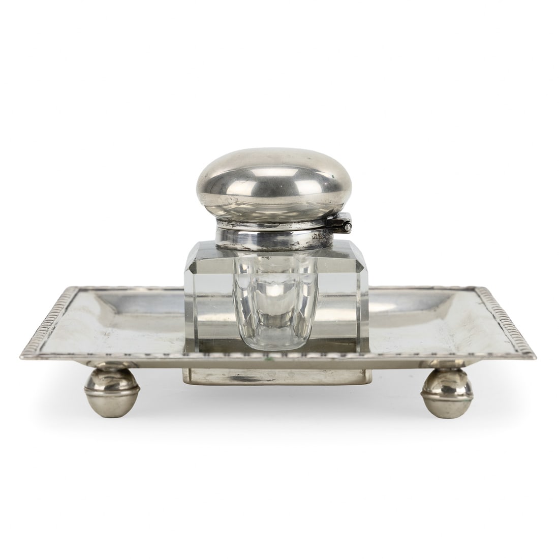 Early 20th c. French Minerva Silver Inkstand: Early 20th c. French Minerva silver inkstand with cut glass inkwell insert, on four ball feet. 6.5" x 6.5" 7.9 ozt.