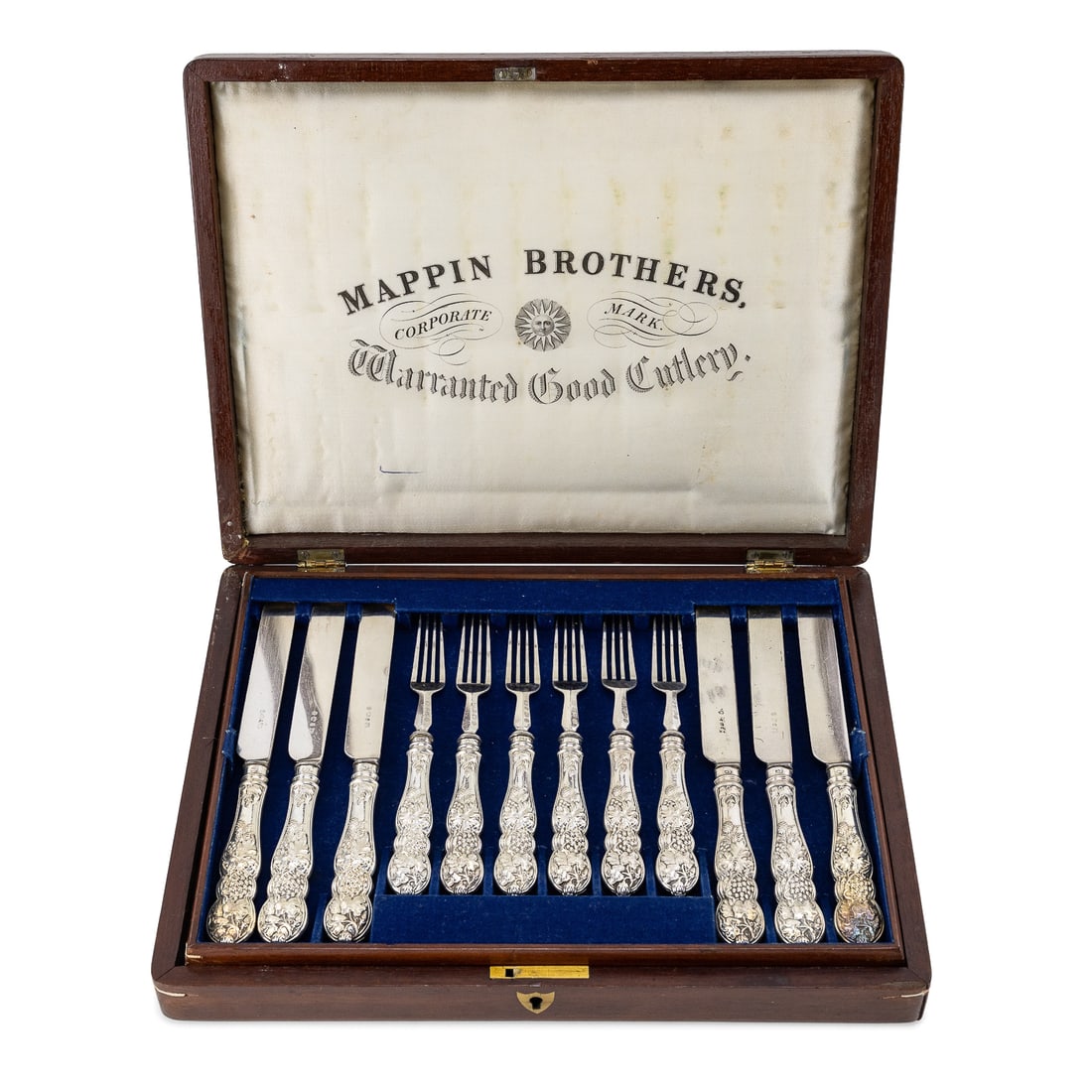 Victorian Fruit Cutlery Set in Mahogany Case: 24 pc. Mappin Brothers Victorian era silver plated fruit cutlery set including 12 forks and 12 knives, in fitted mahogany presentation case, grape motif handles 10" x 13"