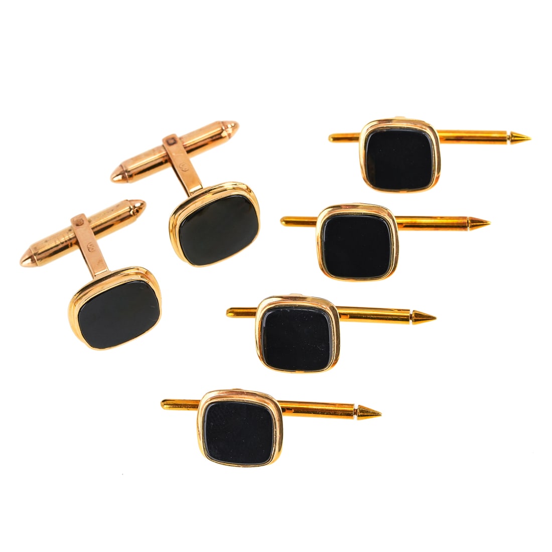 14k & Onyx Men's Button Set: Men's 14k yellow gold & onyx set having a pair of cufflinks 14 mm wide fronts and 4 buttons 12mm wide. 15.9 grams t.w.
