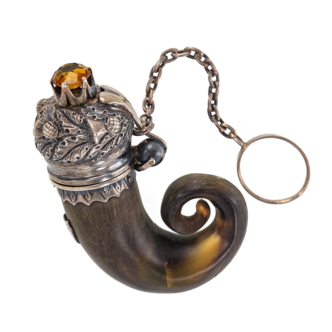 Silver & Citrine Scottish Snuff Mule: 19th c Fine silver & horn snuff mule with full curl and large round cut citrine 10 mm diameter. 2 1/2" long, chain and loop for Chatelaine.