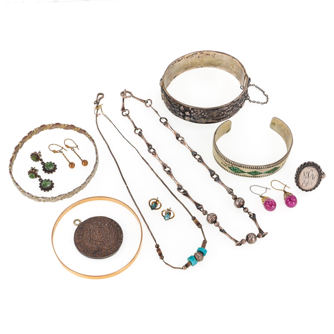 Sterling Jewelry: Sterling jewelry including a repousse bangle, Navajo bangle with turquoise inlay. Other sterling ring, earrings, and chokers.