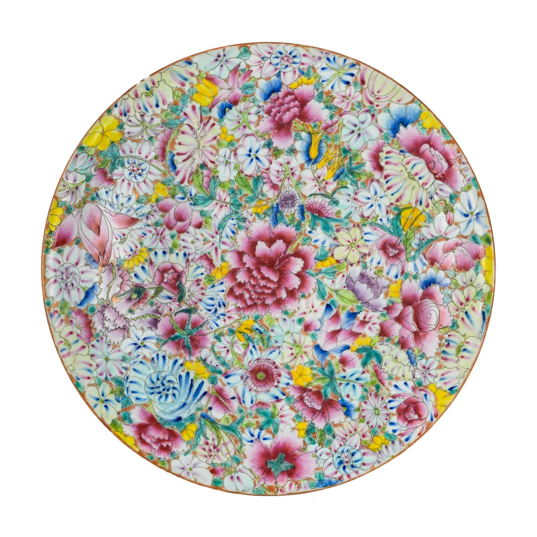 Chinese Famille Rose Millefleurs Charger: Chinese late Qing or Republic Period (1912-1949) famille rose enamel decorated millefleurs porcelain charger, 4 character homage mark on underside "Qianlong nian zhi" (Made in the Qianlong Period),