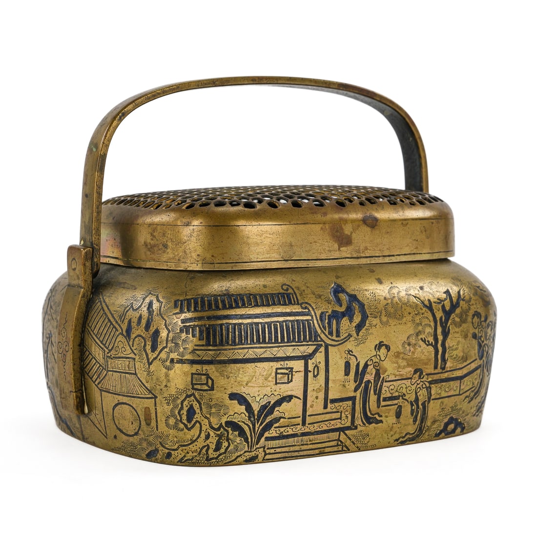 Chinese Bronze Hand Warmer: 19th c Chinese bronze hand warmer (shoulu) decorated with scenes of the Emperor on his throne and the Empress in her garden, reticulated lid, 7" x 5 1/2" x 6"