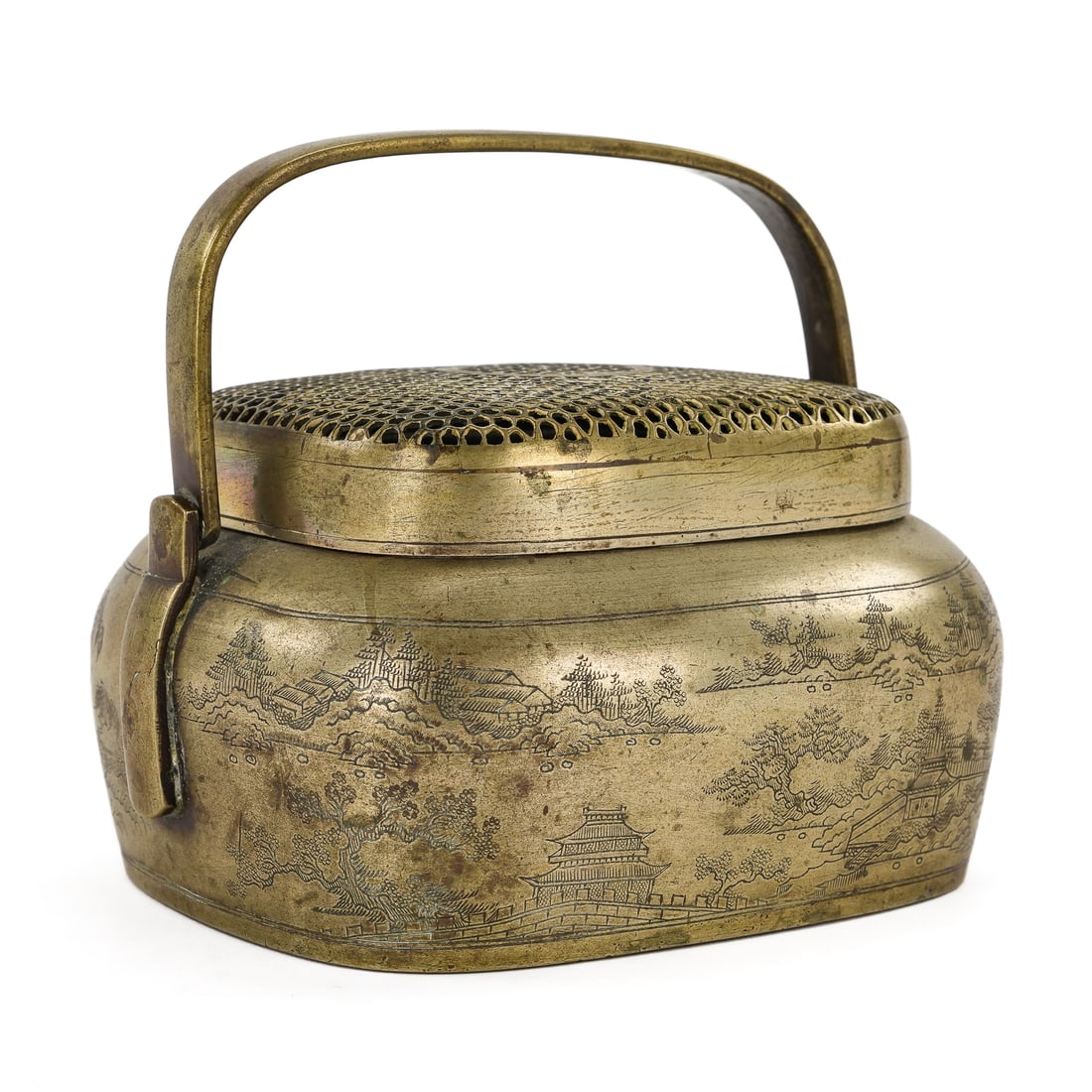 Chinese Bronze Hand Warmer: 19th c Chinese bronze hand warmer (shoulu) decorated with landscape scenes, reticulated lid, 7" x 5 1/2" x 6"