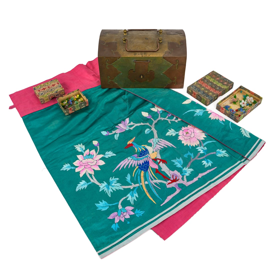Chinese Brass Box, Embroidered Silk: Chinese brass & copper valuables box, embroidered silk skirt, papered boxes with glass ornaments, most damaged