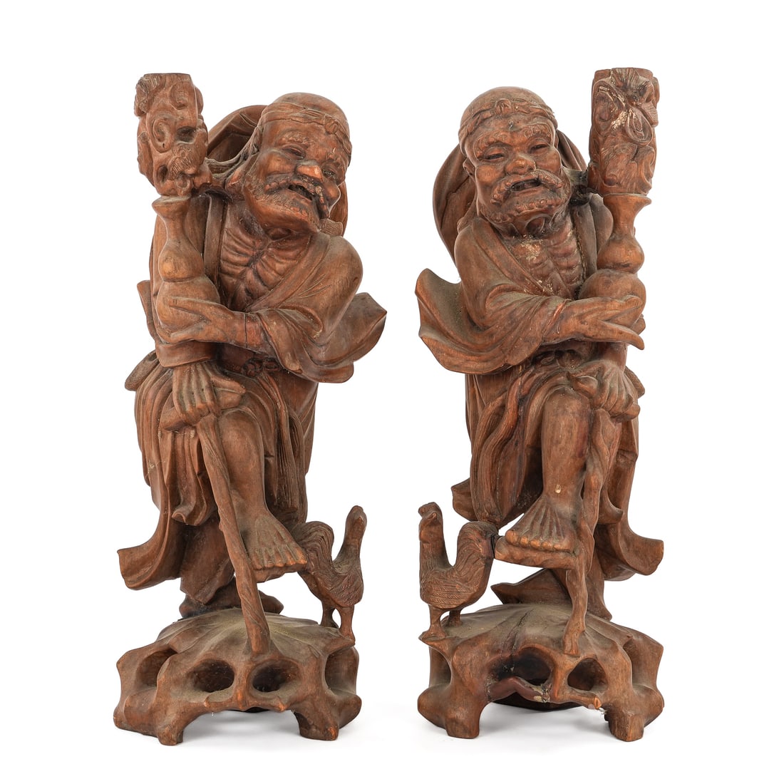 Japanese Carved Wooden Figures: Pair of early 20th c Japanese carved wooden figures, possibly made to be lamps, ht 14", 14 1/2"