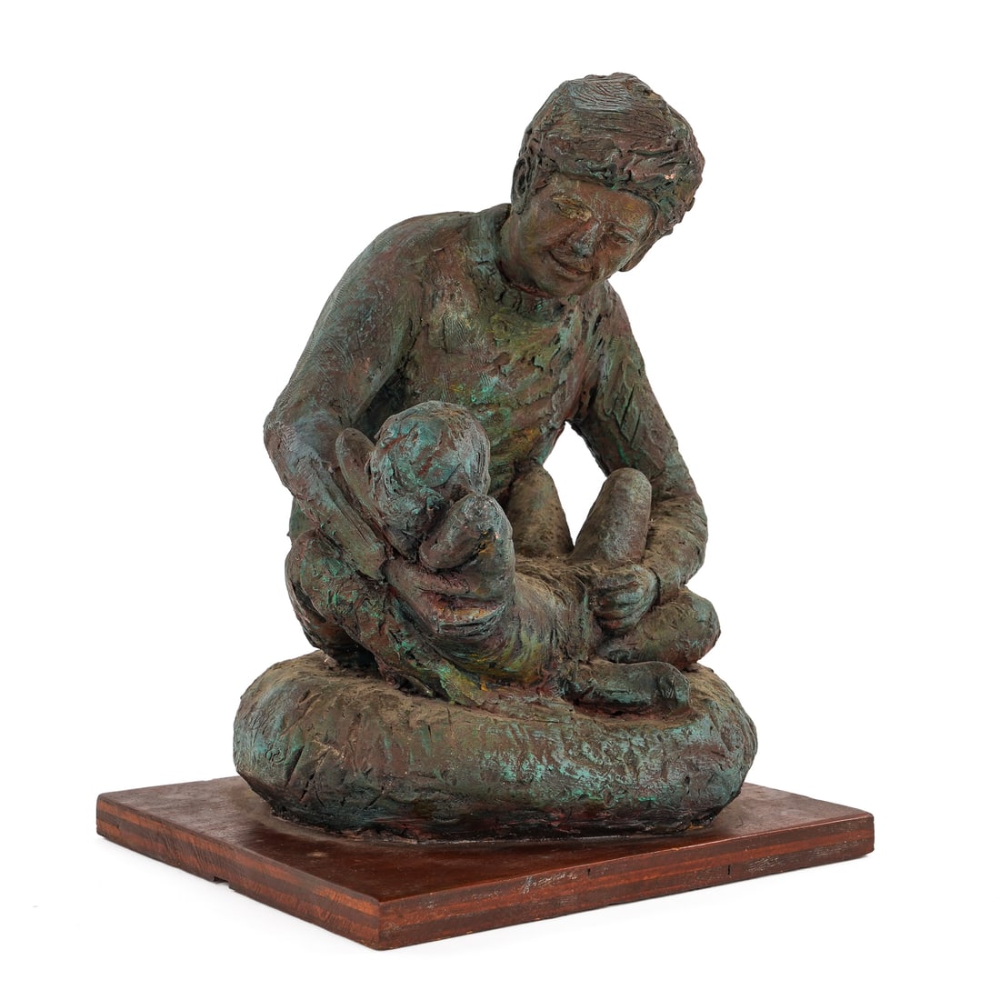 Steffi Friedman Terracotta Figural Group: 1989 Steffi Friedman (1925-2019 Berlin, Germany/ Westport, CT) terra cotta figural group of father and son, overall ht 13 1/2", base 9" x 10"