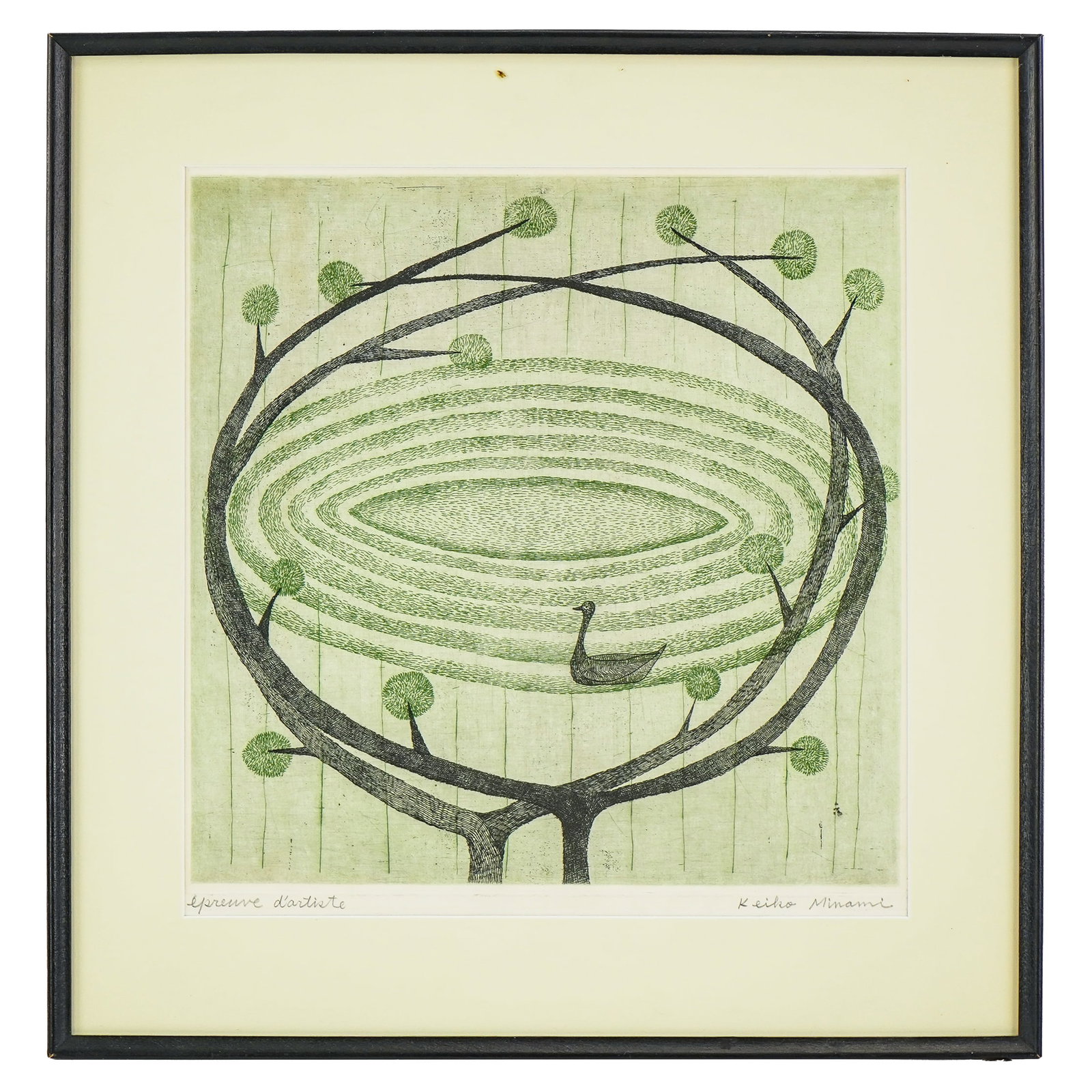Keiko Minami (JP 1909-2004) Bird in a Nest: Keiko Minami (Japanese/American 1909-2004) Bird in a Nest engraving on paper - 11.25 x 11.25" 16.5 x 16" as framed. Minami painted and wrote poetry in high school, and studied the art of children's
