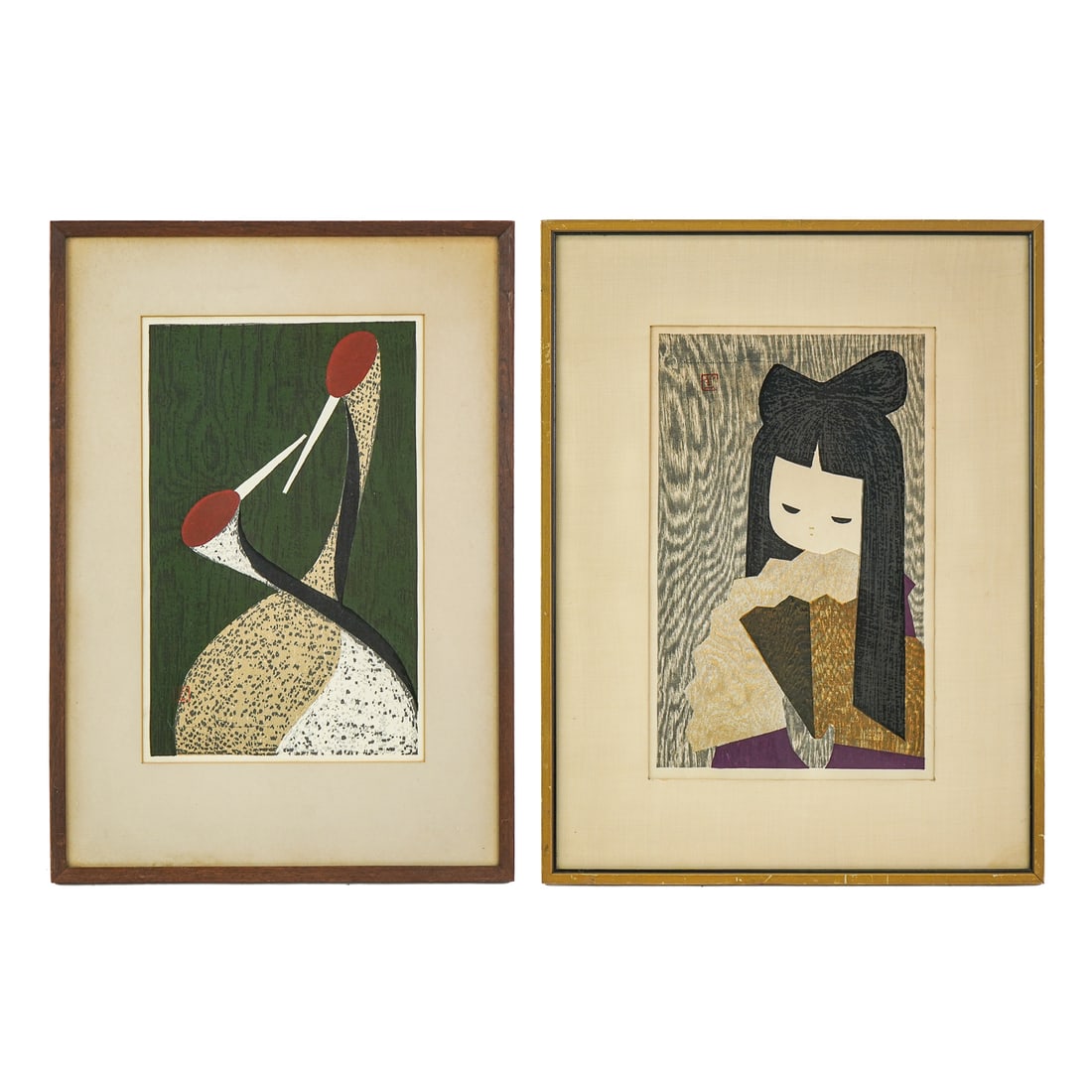 Kawano Kaoru (JP 1916-1965) Two Woodblock Prints: Kawano Kaoru (Japanese 1916-1965) Two Woodblock Prints "Cranes" and Girl with a fan both pencil signed and stamped. each 23 x 17" as framed. Kawano was a celebrated Japanese printmaker whose work mast