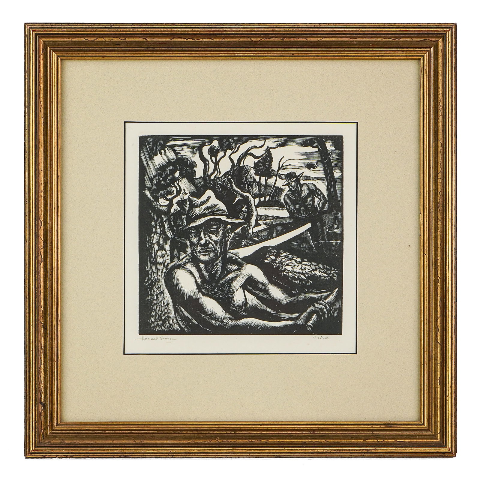 Howard Jacob Simon (AM 1902-1979) Rhythm of Men Working in the Wilderness: Howard Jacob Simon (American 1902-1979) Rhythm of Men Working in the Wilderness engraving on paper signed lower margin 43/250- plate 7 x 7" 15 x 15" as framed. Simon was a nationally celebrated
