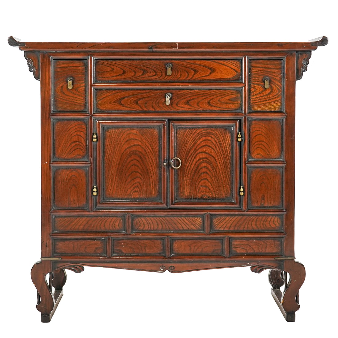 Chinese Contemporary Server: Chinese contemporary Chestnut and softwood server - four drawers over two doors- 35 x 39 x 16.5" some dings, large scratch in top.