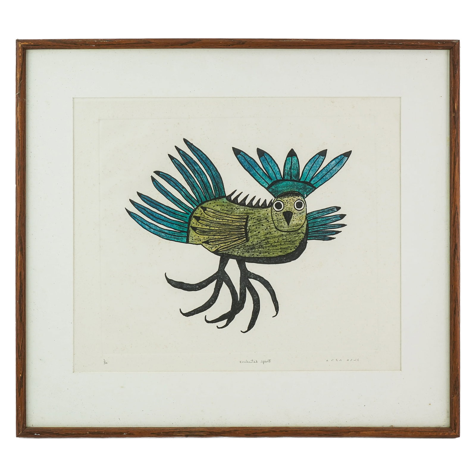 Kananginak Pootoogook (IN 1935-2010) Enchanted Spirit: Kananginak Pootoogook (Inuit 1935-2010) Enchanted Spirit - Cape Dorset lithograph on paper signed in syllabics lower margin editioned 1/50- Plate 14.5 x 17.5" 25 x 27" as framed. Kananginak had been