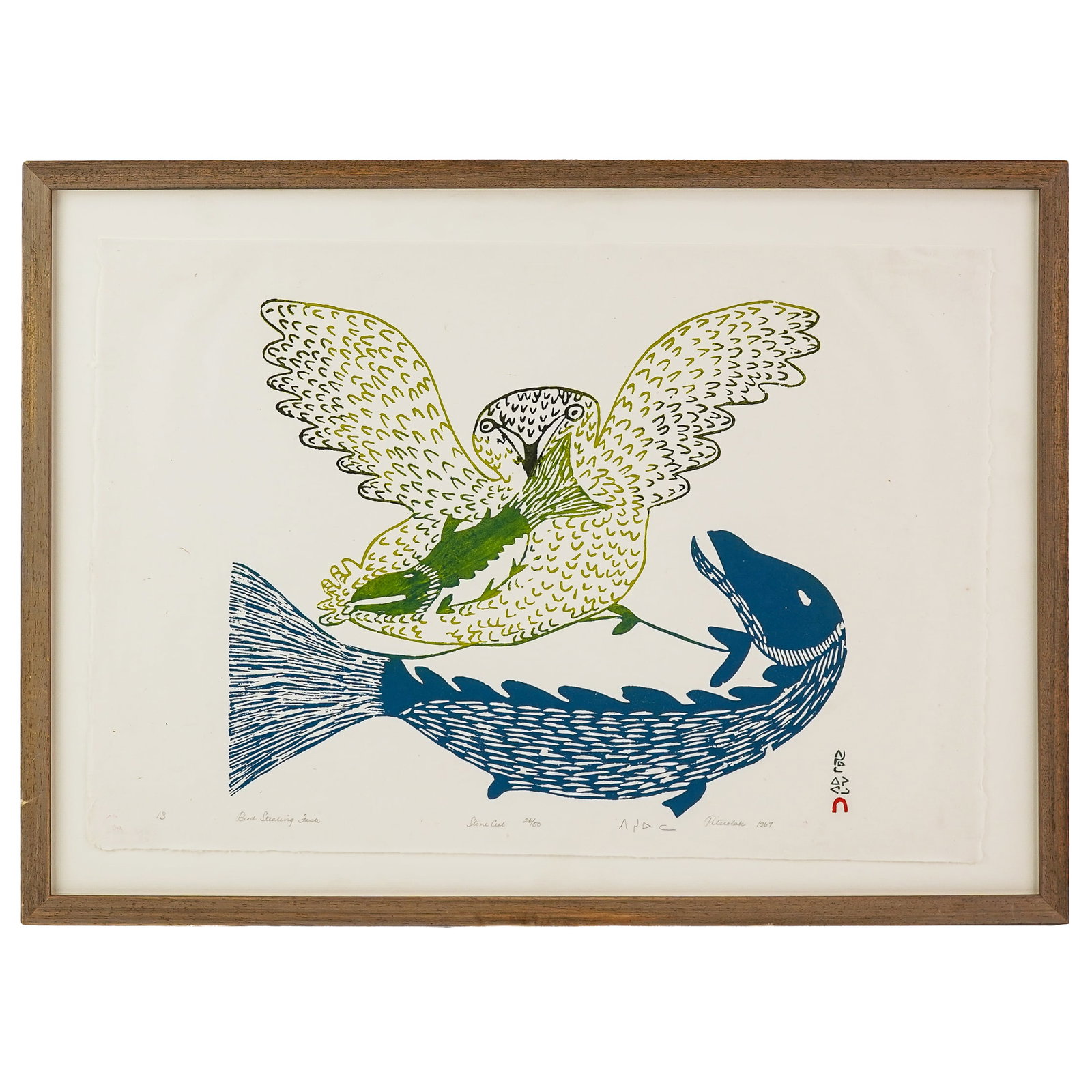 Pitseolak Ashoona (IN 1904-1983) Bird Stealing Fish: Pitseolak Ashoona (Inuit 1904-1983) Bird Stealing Fish- Cape Dorset Lithograph on paper signed identified and editioned lower margin - 26/50 dated 1967- sheet 16.75 x 24.5" 21 x 29" as framed.