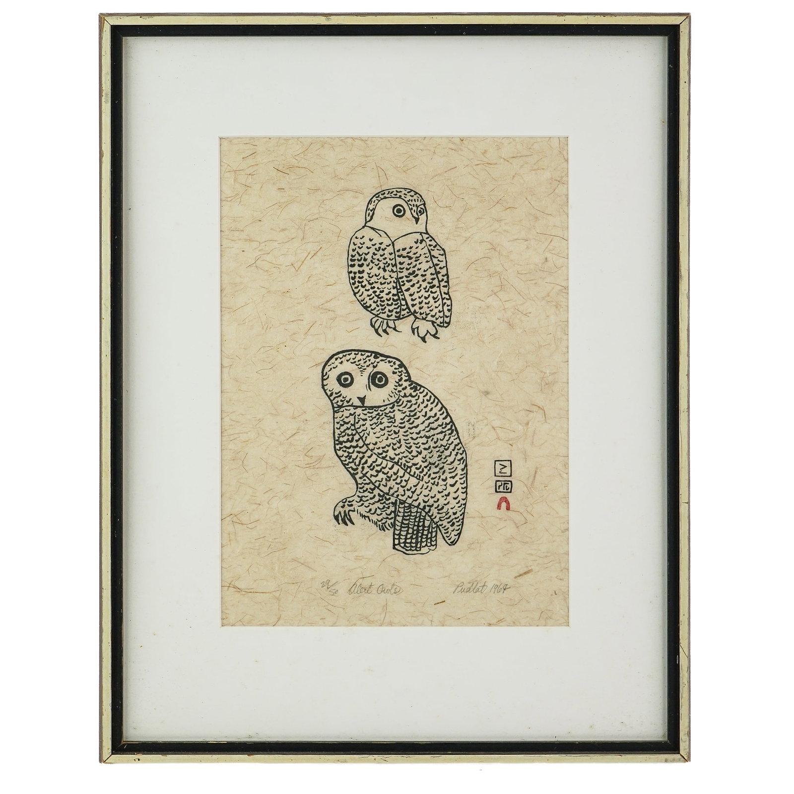 Pudlo Pudlat (IN 1916-1992) Alert Owls: Pudlo Pudlat (Inuit 1916-1992) Alert Owls- Cape Dorset lithograph editioned 29/50 14 x 10" 21 x 17" as framed. Pudlat was a talented artist born at Incirlik, a small camp near Amadjuak, NU, who was