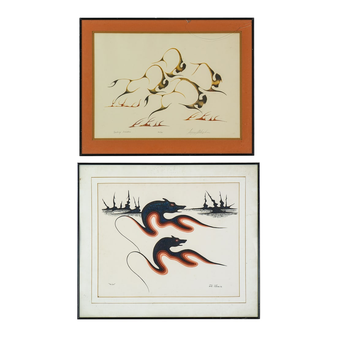 Two Woodlands School Indigenous Prints: Two Woodlands School Indigenous Prints- Allan Chapman "The Call" signed in syllabics and dated 88- 21 x 24" as framed. Garry Meecher "Seeking Freedom" Signed and editioned lower margin 191/295 21 x