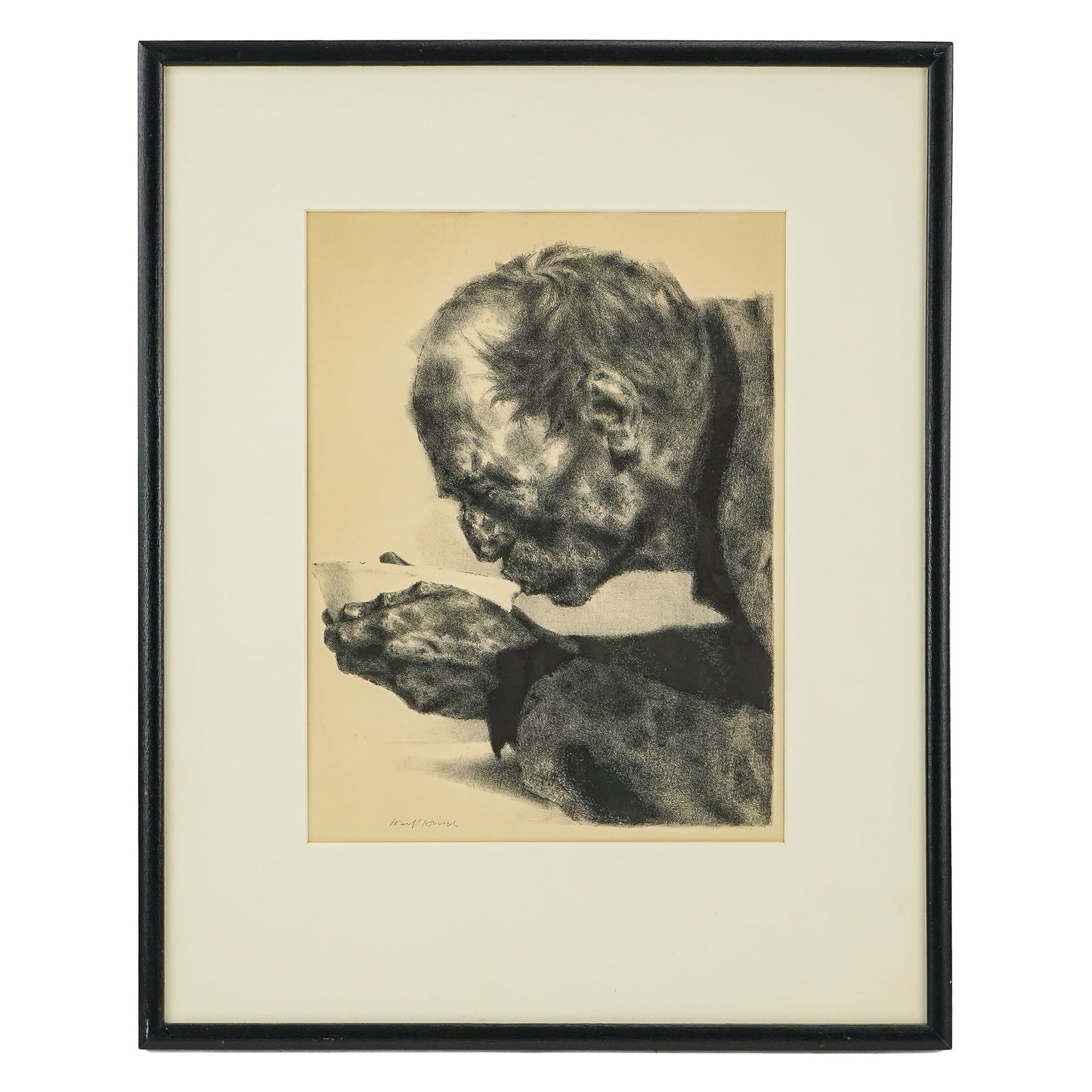 Joseph Hirsch (AM 1910-1981) Soup: Joseph Hirsch (American 1910-1981) Soup lithograph on paper- 14 x 10" 20 x 17" as framed. Published by Associated American Artists NYC- Hirsch attended the School of Industrial Art between 1928 and