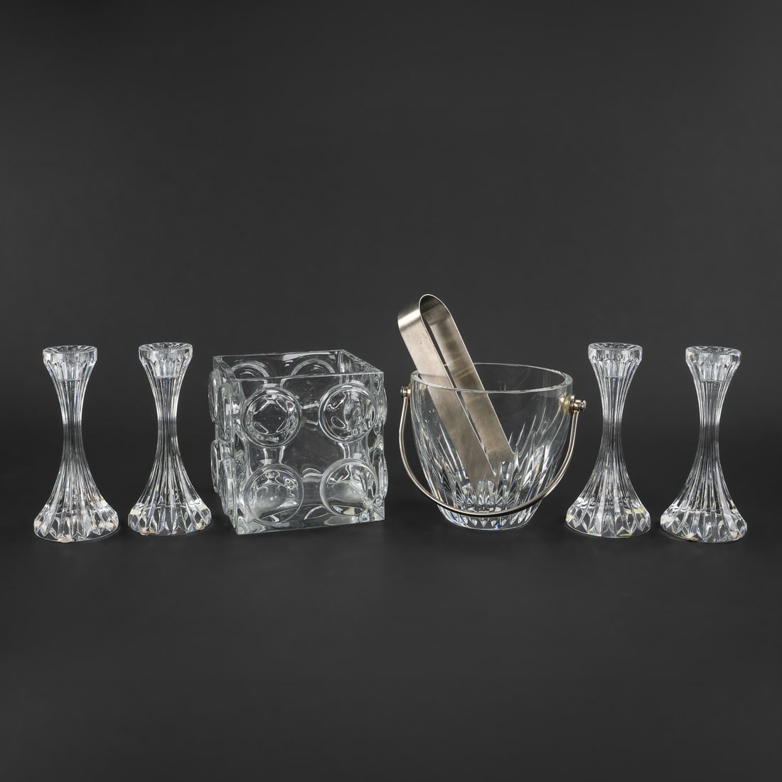 6 pcs. Baccarat French Crystal Tableware: 6 pcs. Baccarat French crystal tableware including 4 "Massena" pattern candlesticks and ice bucket, square bullseye vase ht. 5"-6"