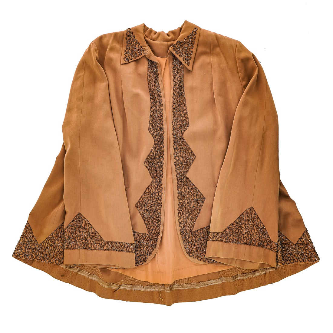 Ca. 1950's Juilliard Copper Tone Coat: Ca. 1950 copper toned Juilliard virgin wool coat with ornate copper cut bead decoration. Approx. women's size 4. Overall good condition.