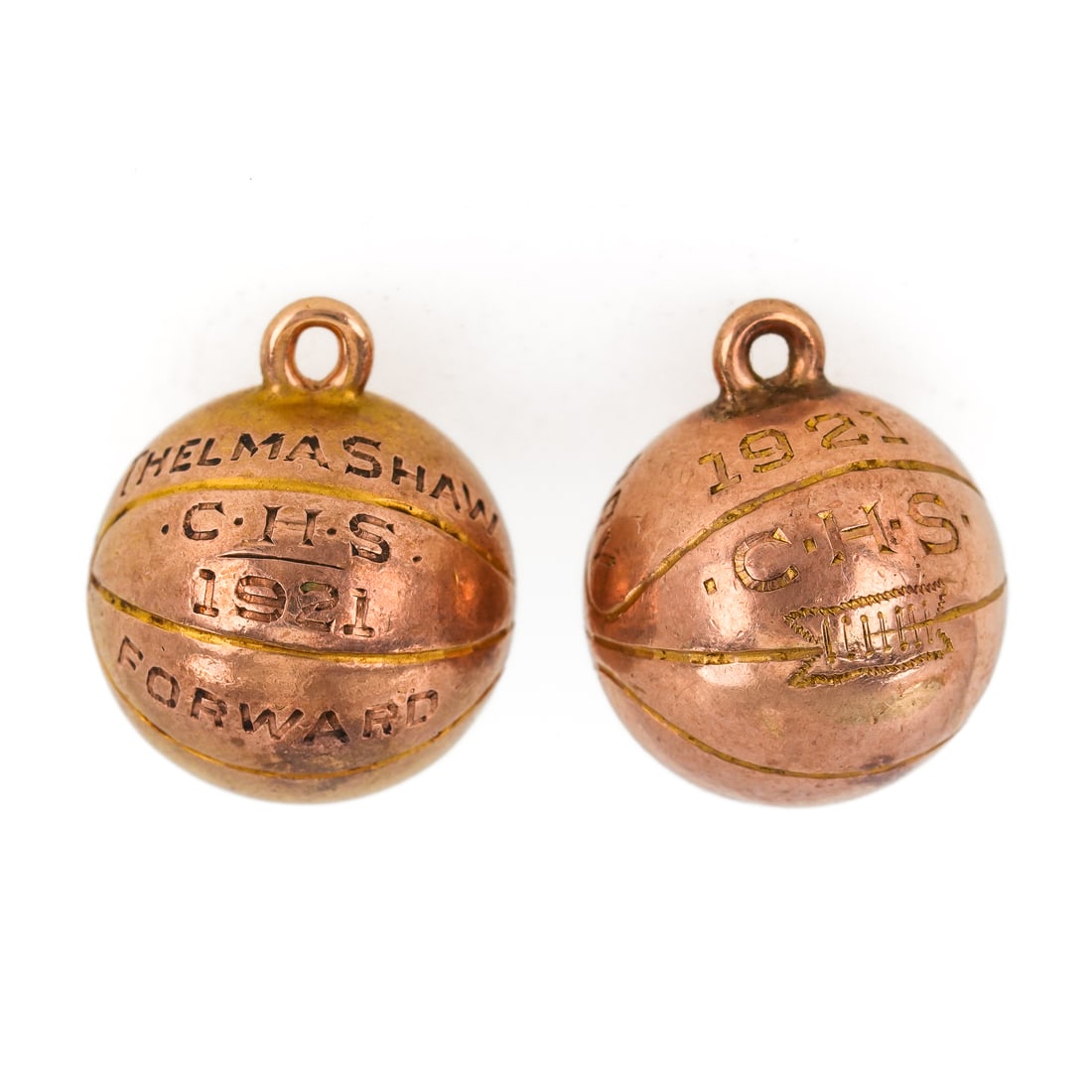 2 10k Gold Basketball Charms: 2 10k yellow gold 1921 basketball charms. 14 mm diameter. 8.4 grams t.w.