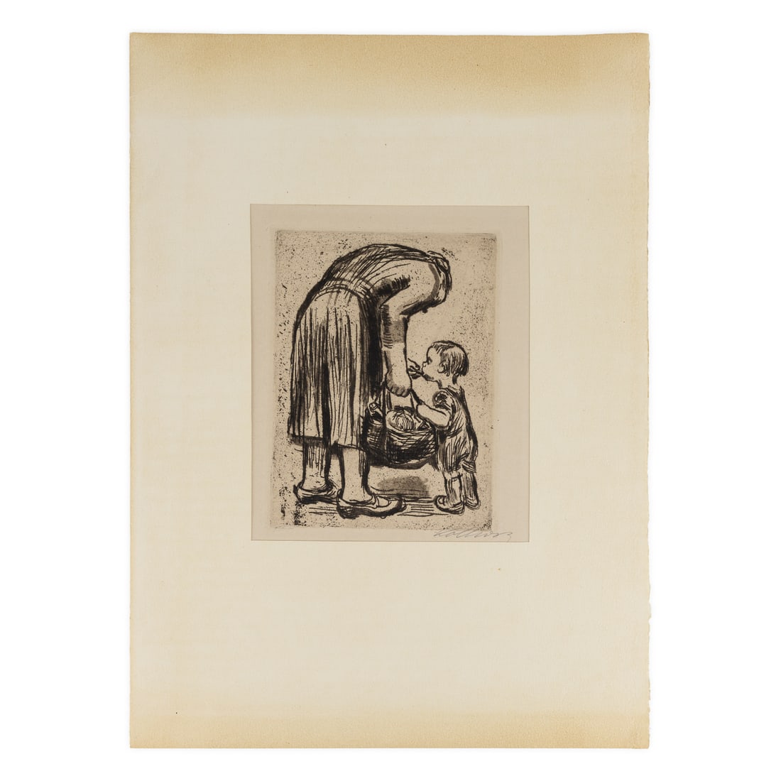 Etching, Standing Mother Feeding Child, Kathe Kollwitz (1867-1945): Original etching & aquatint, of Standing mother feeding child, signed in pencil Kollwitz. By Kathe Kollwitz (German 1867-1945). Paper 11 3/4" x 15 1/2". Image 7 1/2" x 5 1/2". In matting folder.