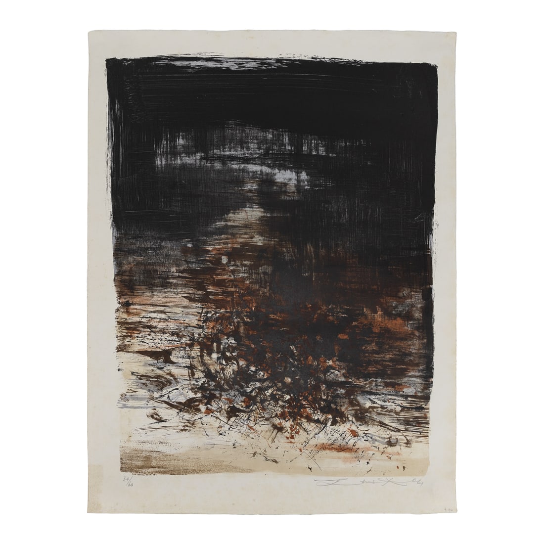 Abstract Lithograph, Zao Wou Ki (Chinese/French 1920-2013): Abstract color lithograph on paper. Bottom edge signed in pencil and editioned 34/60. Untitled, by Zao Wou Ki (Chinese / French 1920-2013) Appears to be dated 61 after signature. 19 3/4" x 25 5/8". No