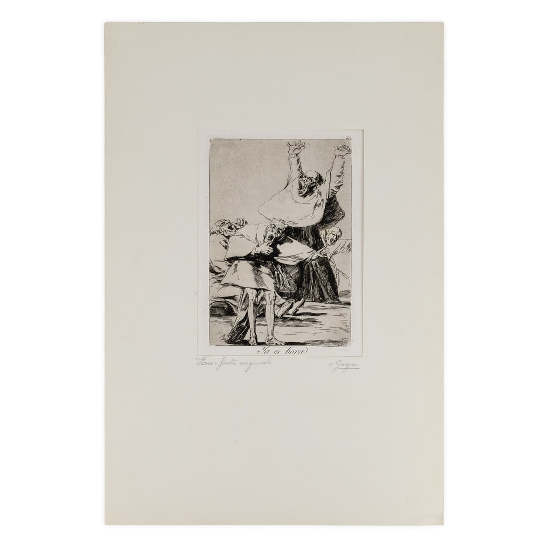 Original Etching, Francisco Goya ( 1746-1828) Ya es hora.: Original etching titled Ya es hora, by Francisco Goya (Spanish 1746-1828). Plate number 80. Very good condition. Sheet 12 3/4"x 9 1/4". Plate 6" x 8 1/2". Tipped in mat folder.