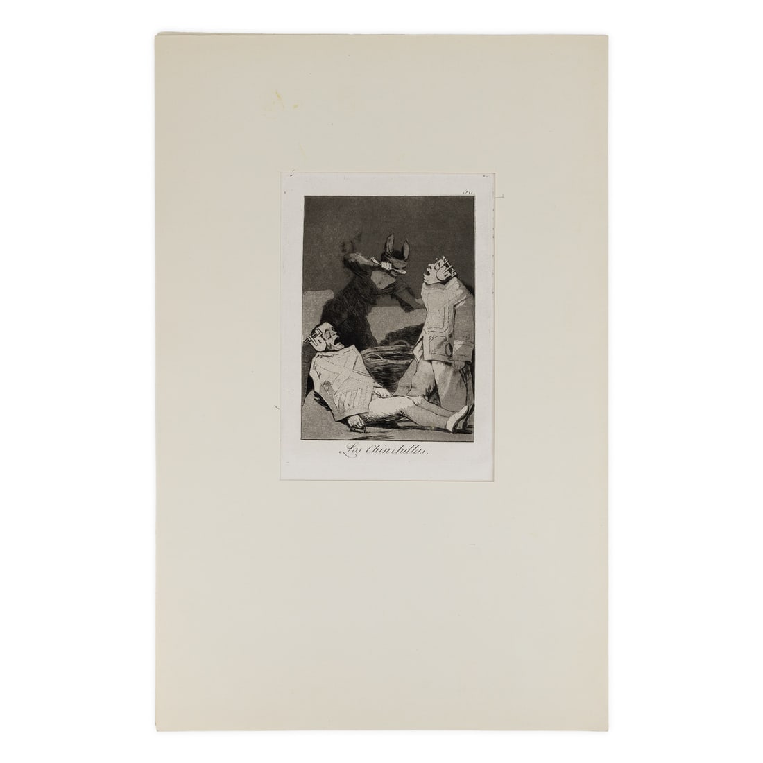 Original Etching, Francisco Goya ( 1746-1828) Los Chinchillas: Original etching titled Los Chinchillas, by Francisco Goya (Spanish 1746-1828). Plate number 50. Very good condition. Sheet 12 3/4"x 9 1/4". Plate 6" x 8 1/2". Tipped in mat folder.
