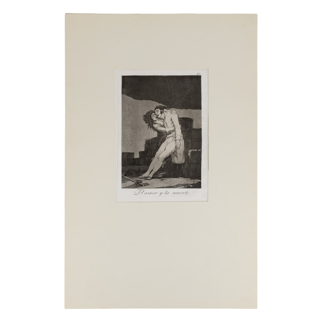 Original Etching, Francisco Goya ( 1746-1828) Flamor y la muerte: Original etching titled Flamor y la muerte, by Francisco Goya (Spanish 1746-1828). Plate number 10. Very good condition. Sheet 12 3/4"x 9 1/4". Plate 6" x 8 1/2". Tipped in mat folder.