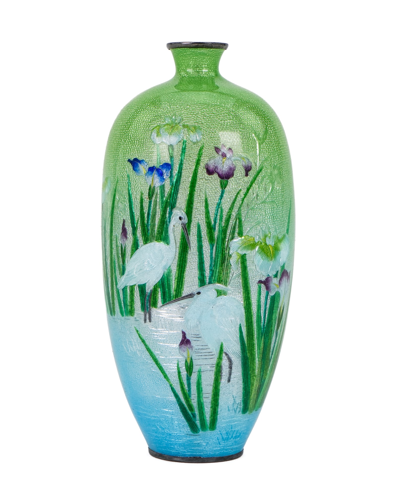 Japanese Ginbari Cloisonne Vase: Meiji Period Japanese Ginbari cloisonne vase, silver body, signed on base, with original export box, ht 5", box 3 1/2" x 3 3/4" x 6 3/4"