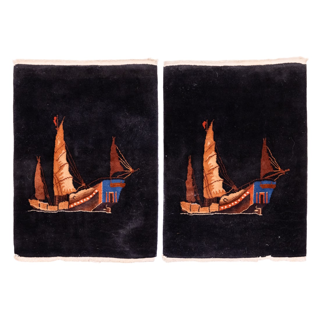 Mid 20th c Chinese Area Rugs: Pair of Mid 20th c Chinese area rugs, decorated with Chinese Junks, ca 1949 pre- Communist Revolution, both 2' 2" x 3'
