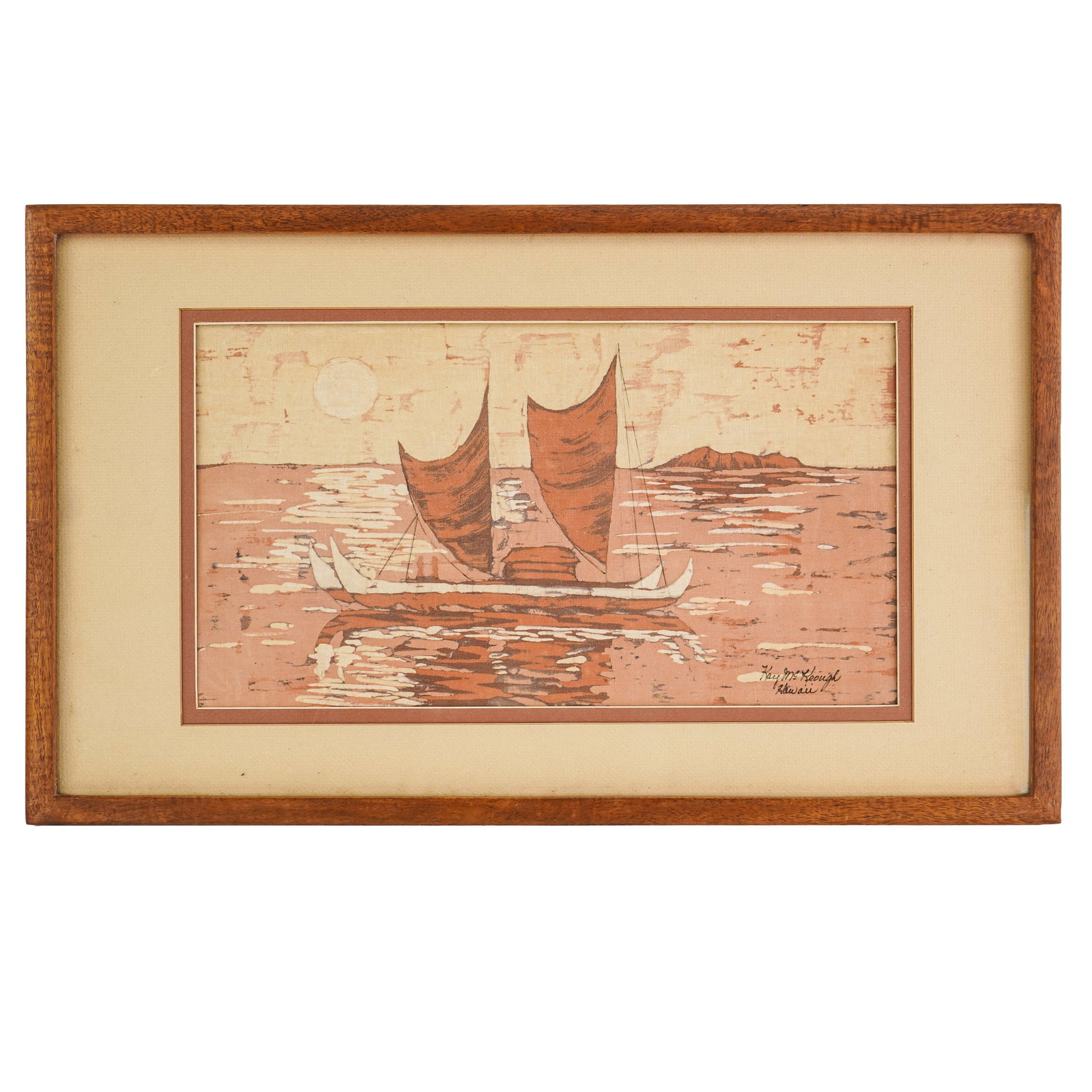 Kay McKeough Hawaiian Batik: Ca 1980's Hawaiian batik painting of a voyaging canoe by Kay McKeough, in koa-wood frame, signed and dated, overall size 15" x 25", sight 9" x 17"