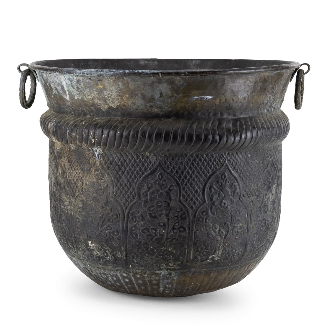 Antique Indo- Persian Brass Pot: 19th c Indo-Persian brass pot, decorated with arches, old patina, dents on base, diameter 16", ht 18"