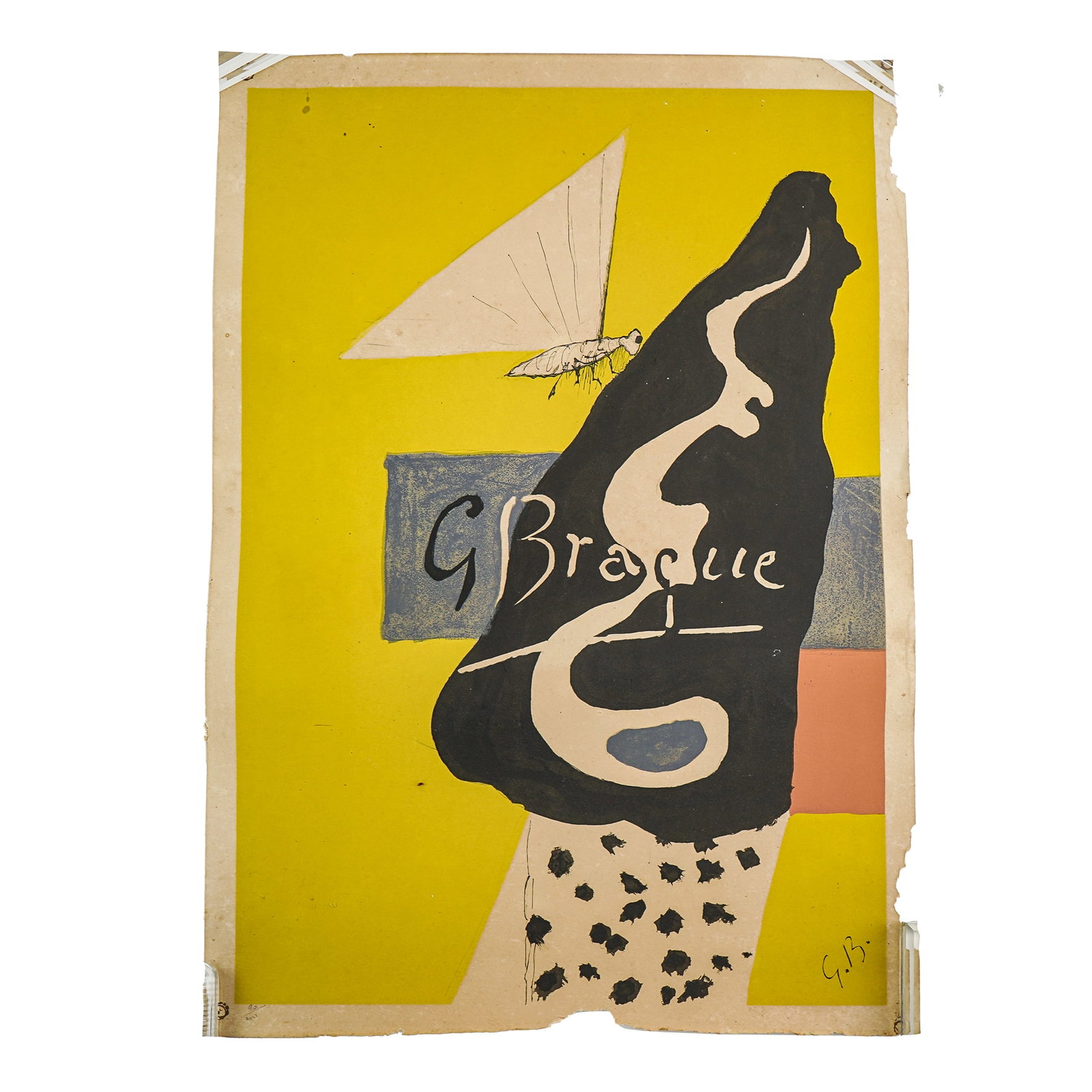 1953 Braque Graveur Poster, by Georges Braque: 1953 Exhibition poster "Braque Graveur", by Georges Braque (French 1882-1963). Tack holes, edge pieces missing. Imperfections. 25 1/2" x 18".