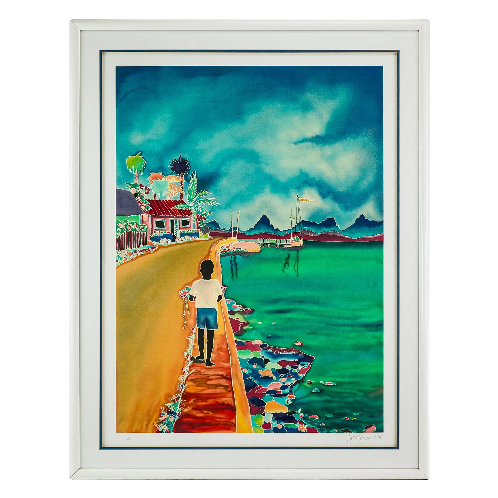 Jennifer Markes (AM Contemporary) Boy With Fish: Jennifer Markes (American Contemporary) Boy with Fish lithograph on paper signed lower margin and AP- plate 36 x 26" 45 x 35" as framed. Markes is an American artist whose pieces of art have